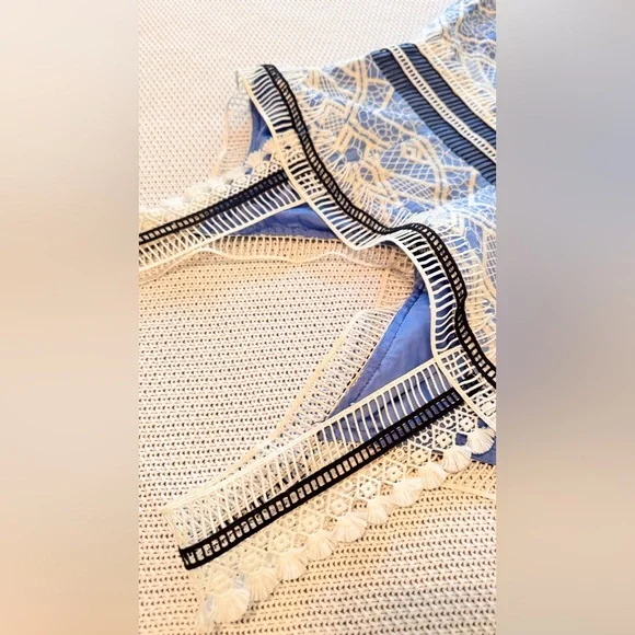 GIANNI BINI Mona Tiered Crochet Lace Blue & White Midi Dress - Picture 11 of 15